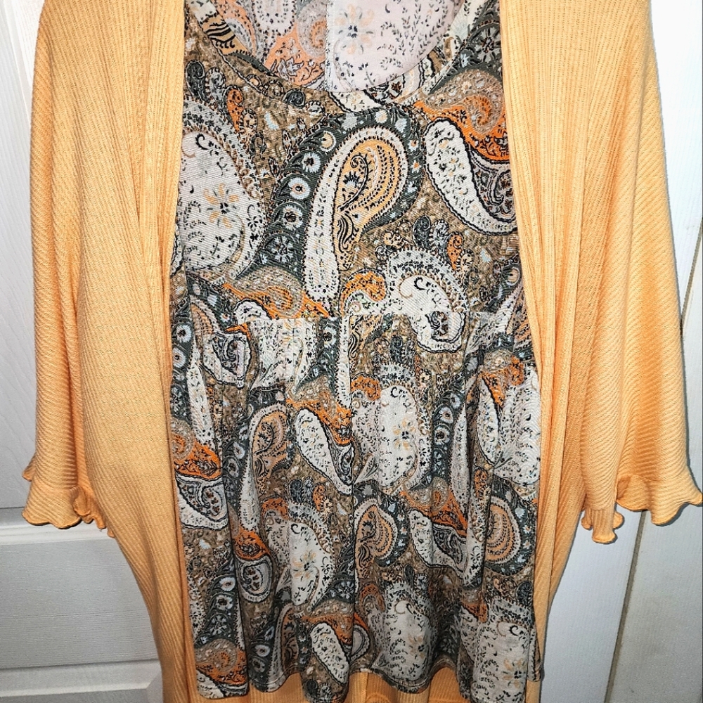 2 Piece Set - Women's Paisley Printed Flowy Top With A Sherbet Cardigan Set